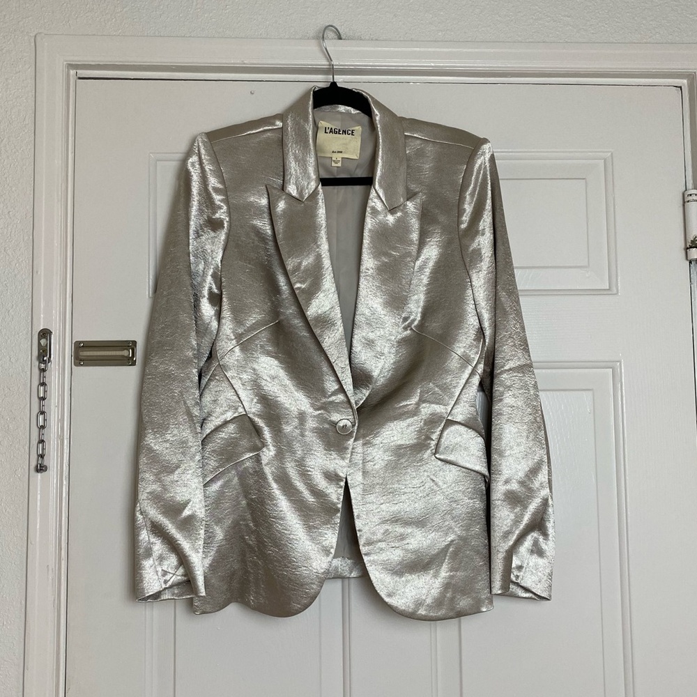 L'AGENCE Chamberlain Blazer in Platinum Silver Satin Size 8 - Picture 8 of 17